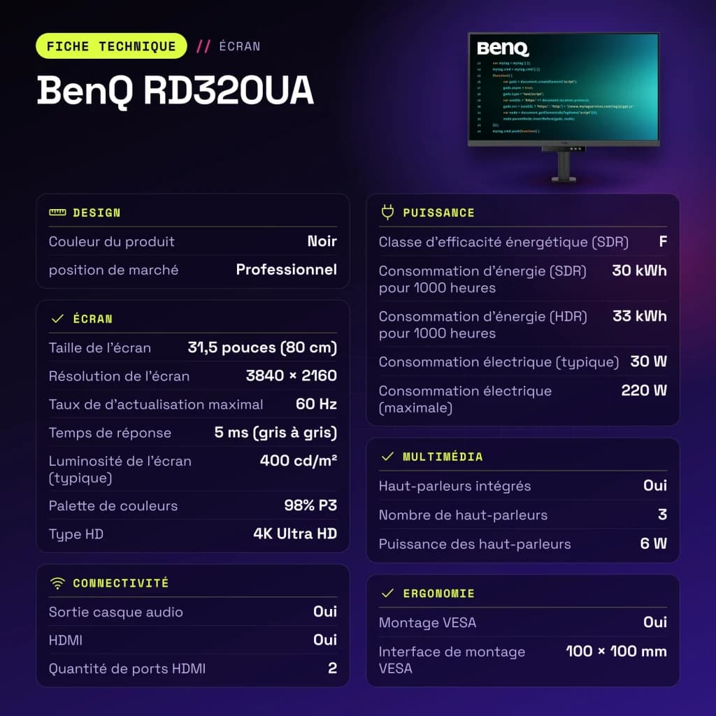 Monitor BenQ 31,5 pulgadas 4K IPS 60Hz 5 ms Negro RD320UA - características, 100 x 100 mm