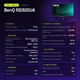 Monitor BenQ 31,5 pulgadas 4K IPS 60Hz 5 ms Negro RD320UA - características, Sí (máx. 130 mm)