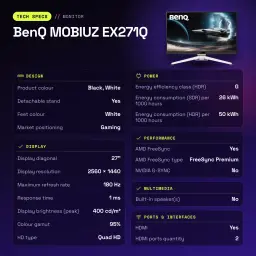 Écran gaming BenQ MOBIUZ EX271Q 27 pouces 180Hz QHD IPS Noir/Blanc - caractéristiques, 350 cd/m²