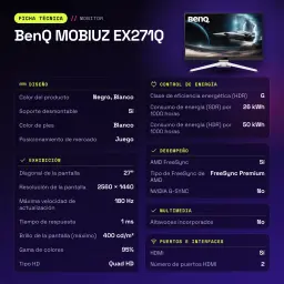 Écran gaming BenQ MOBIUZ EX271Q 27 pouces 180Hz QHD IPS Noir/Blanc - caractéristiques, 400 cd/m²