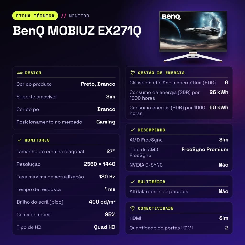 Écran gaming BenQ MOBIUZ EX271Q 27 pouces 180Hz QHD IPS Noir/Blanc - caractéristiques, 100 mm