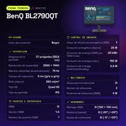 Monitor BenQ 27 pulgadas QHD IPS 75Hz 5 ms Negro BL2790QT - características, Sí (100 x 100 mm)