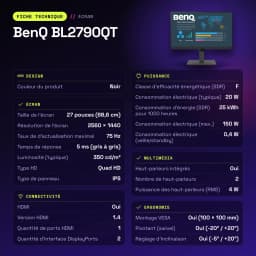 Monitor BenQ 27 pulgadas QHD IPS 75Hz 5 ms Negro BL2790QT - características, 614 x 238,5 x 534,3 mm