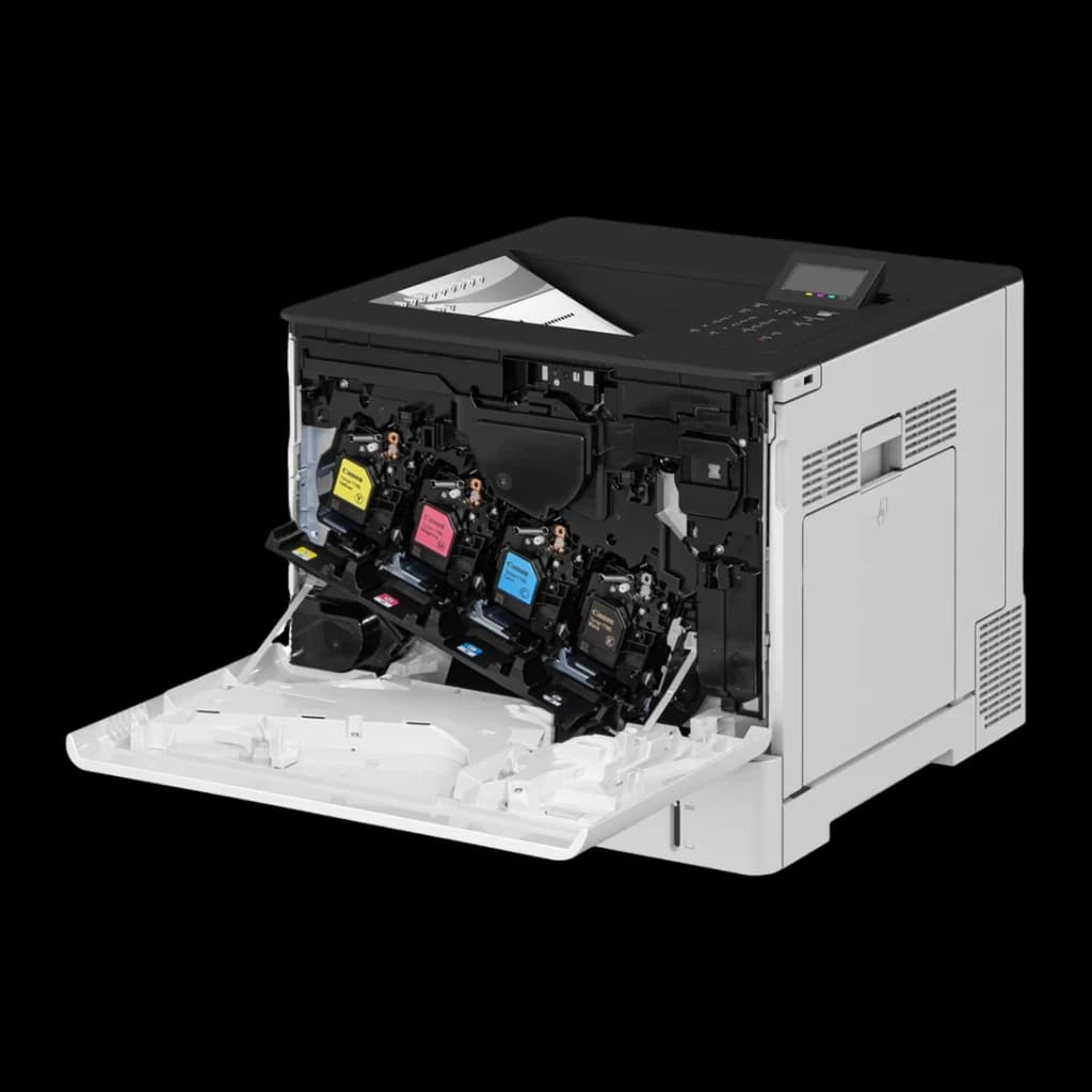Impresora laser color Canon i-SENSYS WiFi Dúplex Blanco LBP732Cdw - puerta frontal abierta con 4 cartuchos de tóner