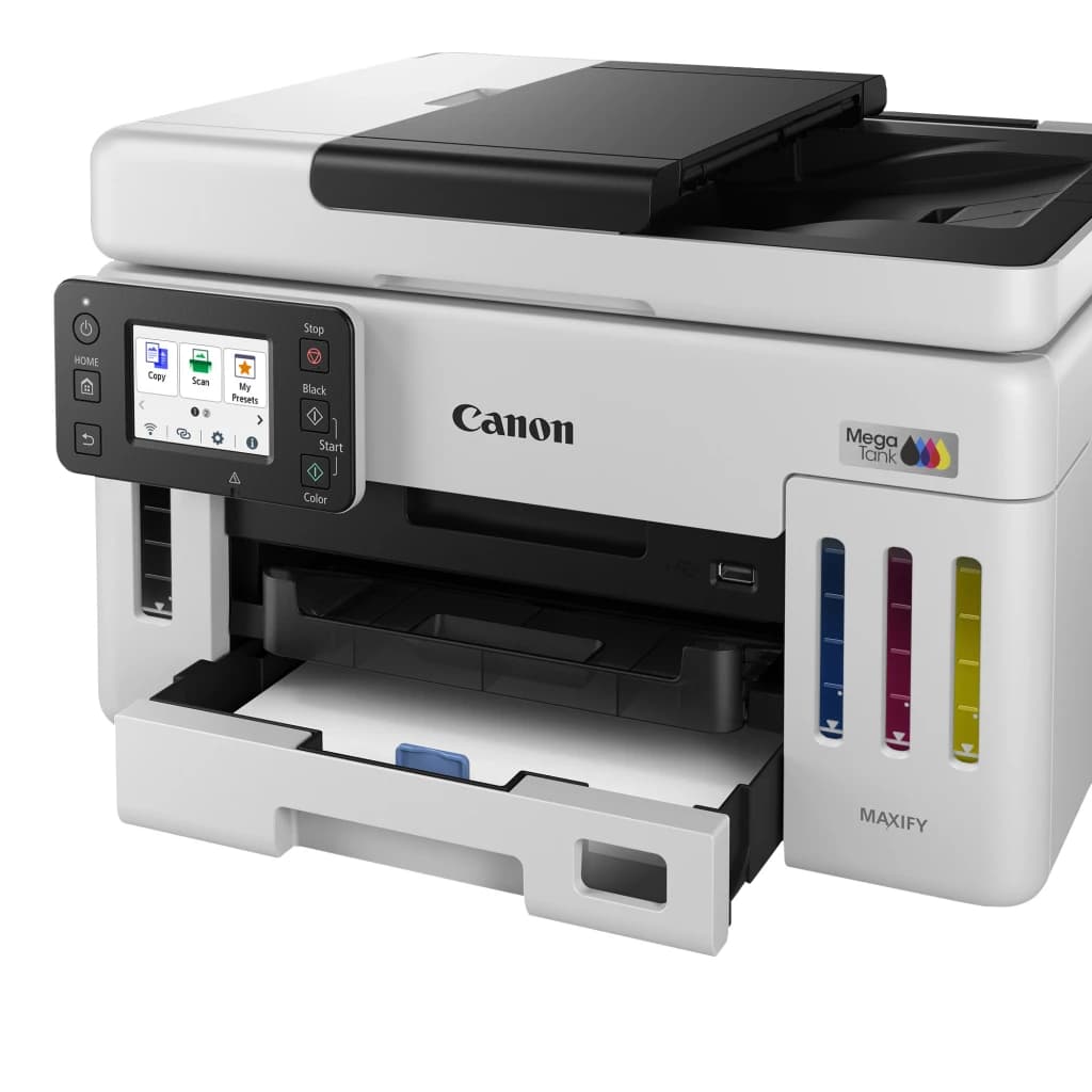 Impresora multifuncion Canon MAXIFY GX6150 MegaTank Tinta Color WiFi Negro - bandeja abierta, pantalla