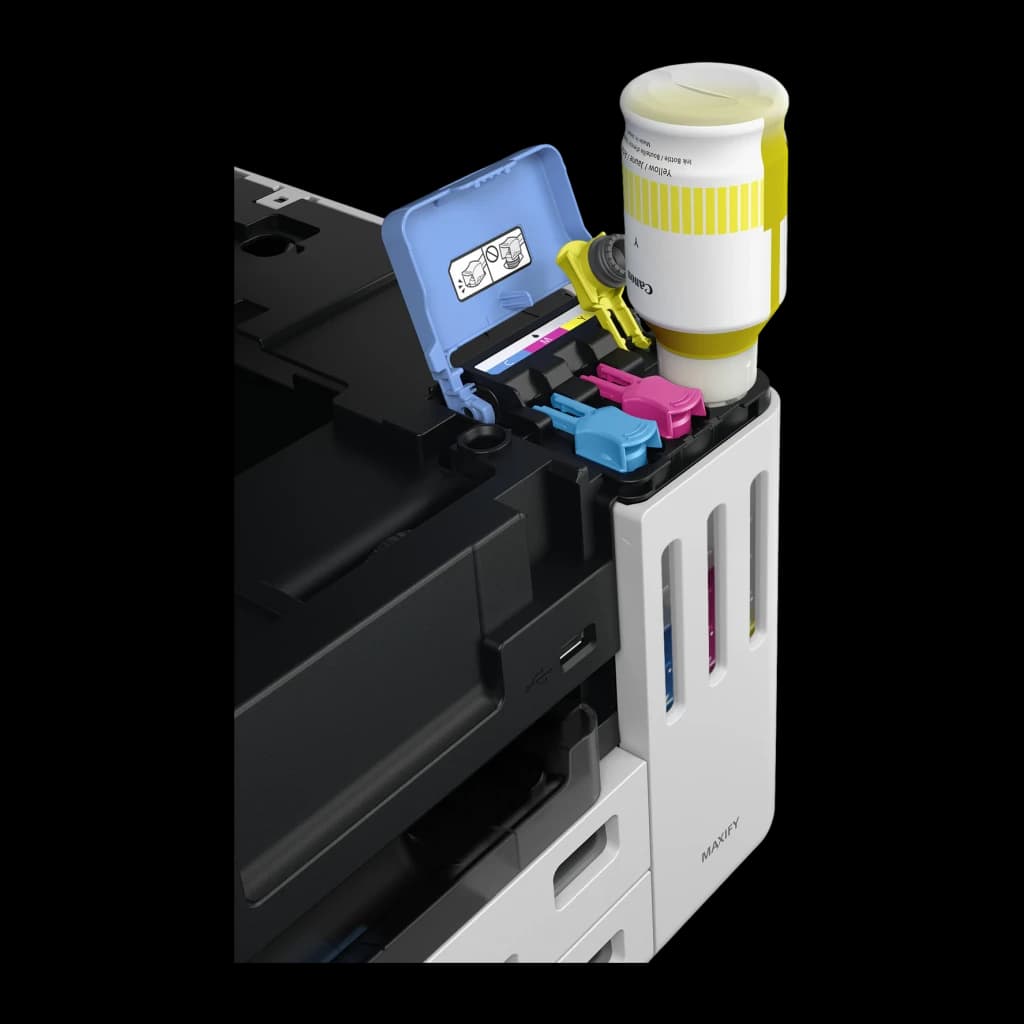 Impresora multifuncion Canon MAXIFY GX6150 MegaTank Tinta Color WiFi Negro - tapa abierta con depósitos CMY visibles