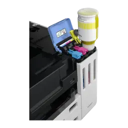 Impresora multifuncion Canon MAXIFY GX6150 MegaTank Tinta Color WiFi Negro - tapa abierta con depósitos CMY visibles
