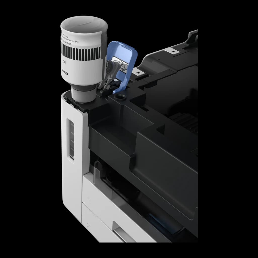 Impresora multifuncion Canon MAXIFY GX6150 MegaTank Tinta Color WiFi Negro - botella de tinta negra insertándose