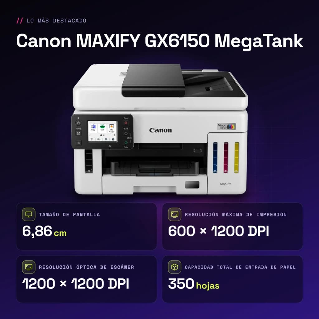 Impresora multifuncion Canon MAXIFY GX6150 MegaTank Tinta Color WiFi Negro - características