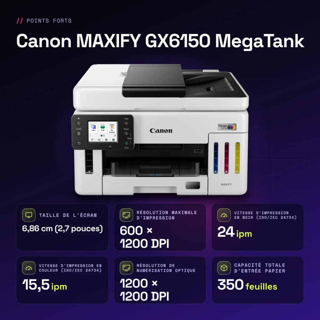 Impresora multifuncion Canon MAXIFY GX6150 MegaTank Tinta Color WiFi Negro - características, 2 en 1, 4 en 1