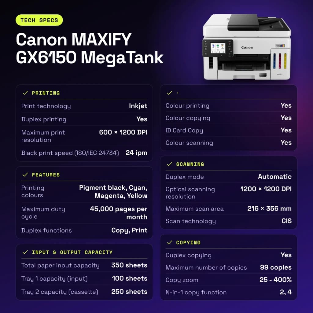 Impresora multifuncion Canon MAXIFY GX6150 MegaTank Tinta Color WiFi Negro - características, 10/100 Mbit/s