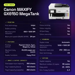 Impresora multifuncion Canon MAXIFY GX6150 MegaTank Tinta Color WiFi Negro - características, 10/100 Mbit/s
