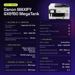 Impresora multifuncion Canon MAXIFY GX6150 MegaTank Tinta Color WiFi Negro - características, 216 x 356 mm