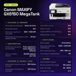 Impresora multifuncion Canon MAXIFY GX6150 MegaTank Tinta Color WiFi Negro - características, 50/60 Hz