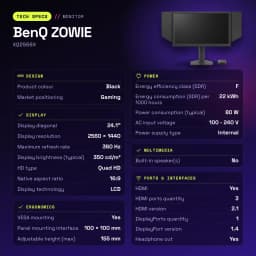 Monitor gaming BenQ ZOWIE 24,1 pulgadas 360Hz QHD Fast TN Negro XQ2566X - características, 155 mm
