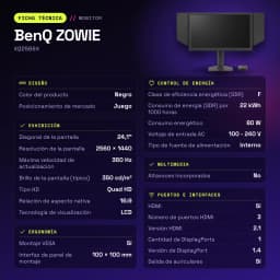 Monitor gaming BenQ ZOWIE 24,1 pulgadas 360Hz QHD Fast TN Negro XQ2566X - características, 100 x 100 mm