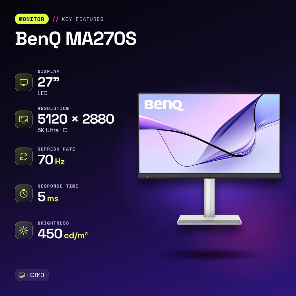 Moniteur BenQ MA270S 27 pouces 5K IPS 70Hz 5 ms Blanc - caractéristiques, 450 cd / m²