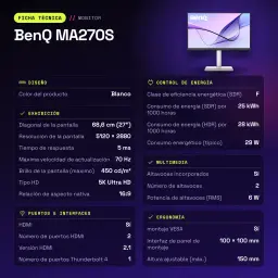 Moniteur BenQ MA270S 27 pouces 5K IPS 70Hz 5 ms Blanc - caractéristiques, 614 mm