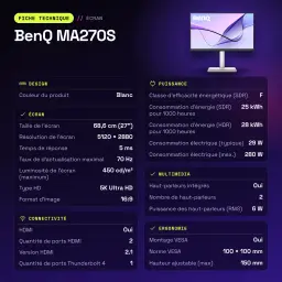 Moniteur BenQ MA270S 27 pouces 5K IPS 70Hz 5 ms Blanc - caractéristiques, 579,9 mm