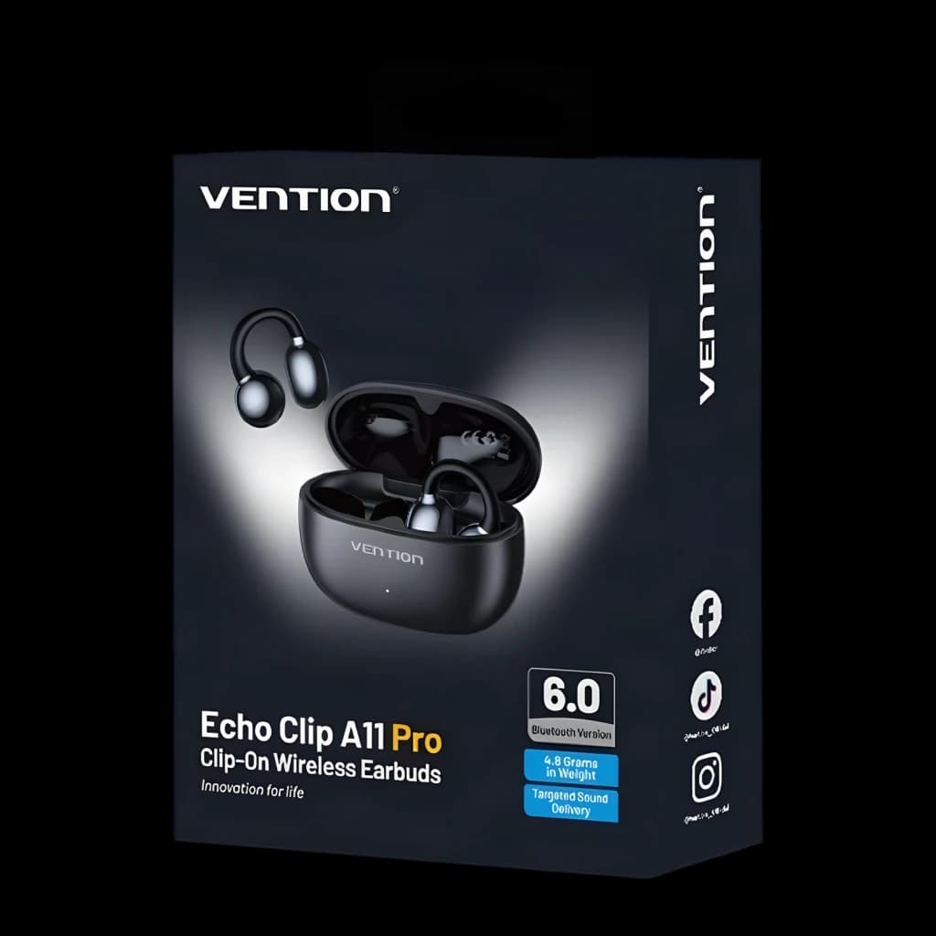 Auscultadores Vention Echo Clip A1 Open-Ear Bluetooth 5.4 25h Preto - embalagem preta com auriculares e estojo