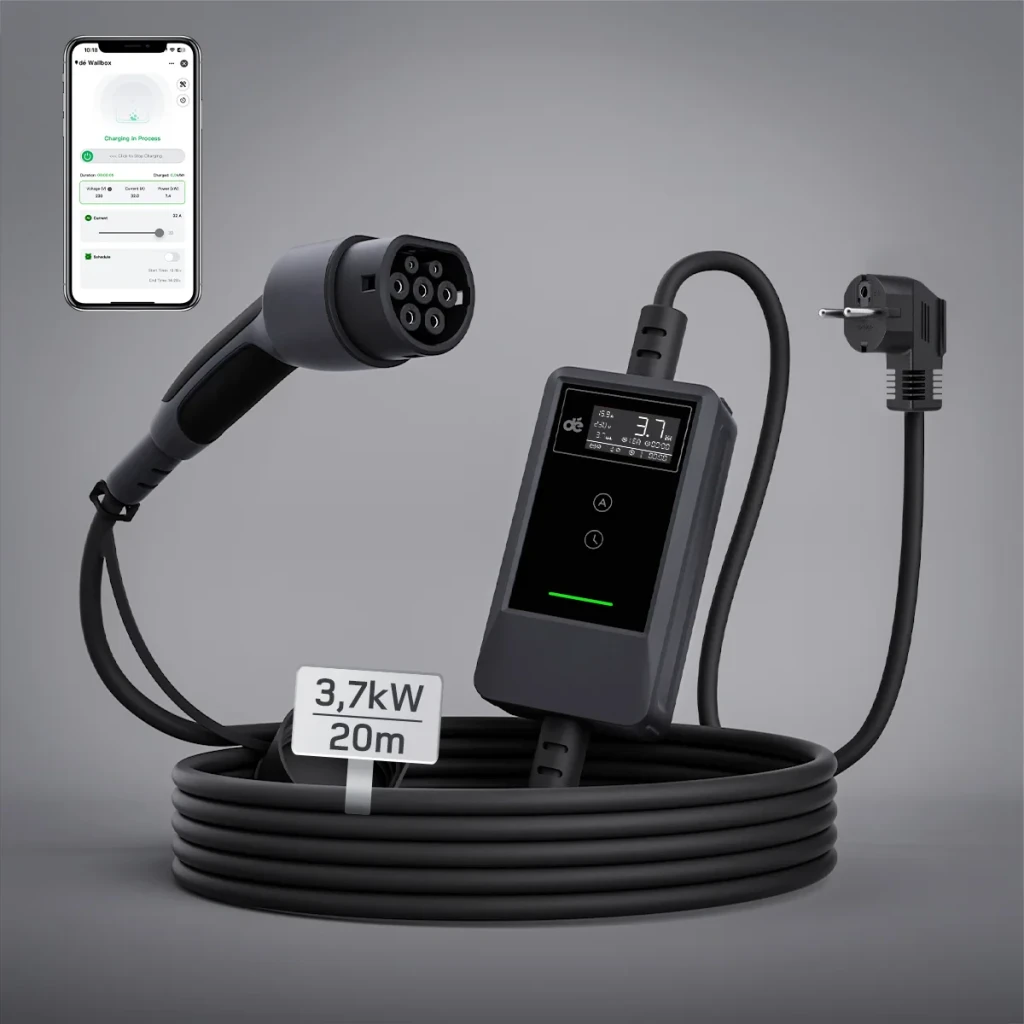 Chargeur Voiture Électrique DÉ 3,7kW Type 2 Câble 5m deM2D03B7NA, vue latérale: boîtier LCD, connecteur Type 2, prise Schuko