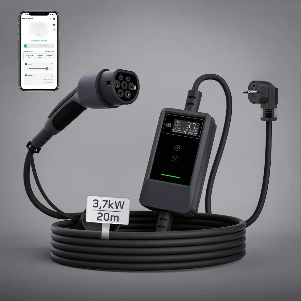 Chargeur Voiture Électrique DÉ 3,7kW Type 2 Câble 5m deM2D03B7NA - boîtier LCD, connecteur Type 2, prise Schuko