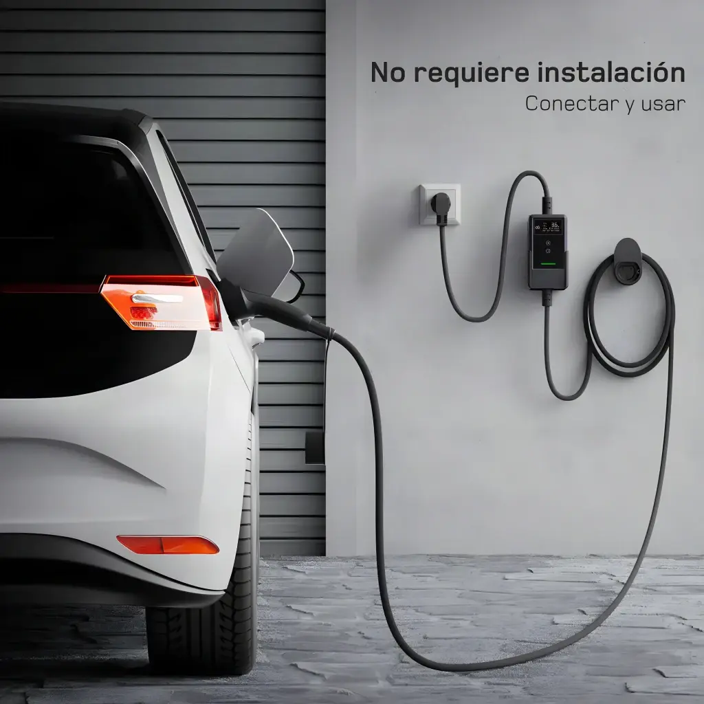 Chargeur Voiture Électrique DÉ 3,7kW Type 2 Câble 5m deM2D03B7NA - branché au mur chargeant une voiture