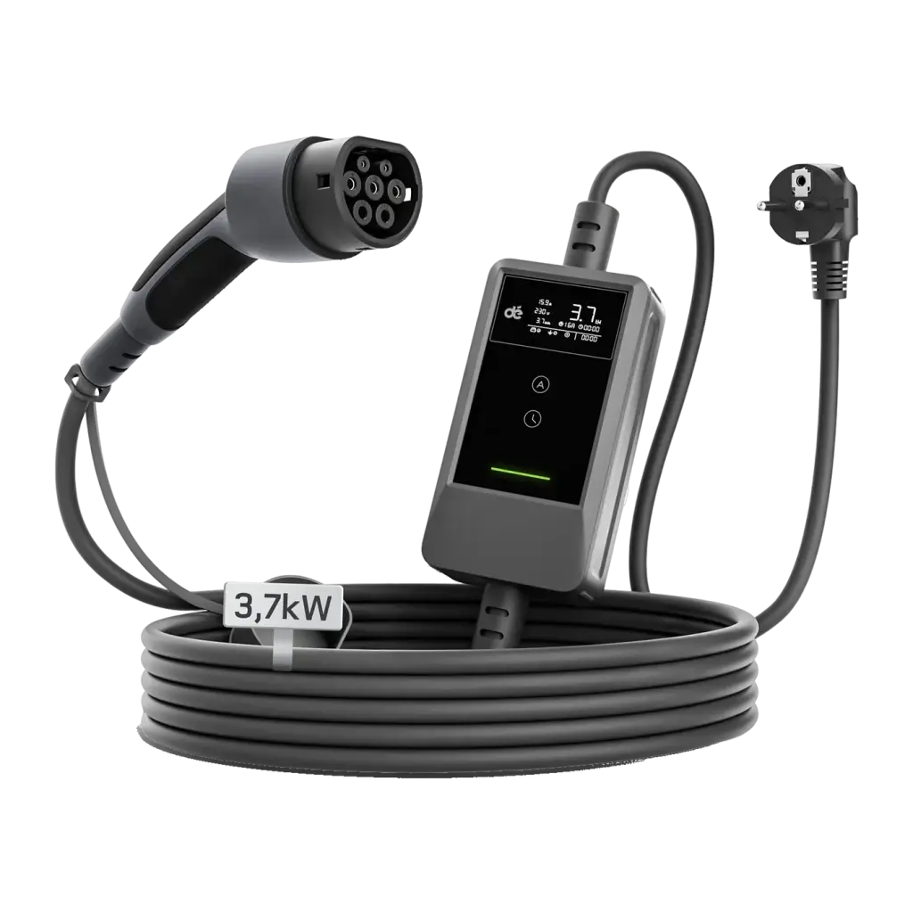Chargeur Voiture Électrique DÉ 3,7kW Type 2 Câble 5m deM2D03B7NA, vue principale: connecteur Type 2, boîtier avec écran LED