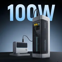 Power Bank Cuktech 25000mAh Noir 210W 2x USB-C 1x USB-A PD 3.1 CUK00P23GLBK - écran LCD actif chargeant le mini