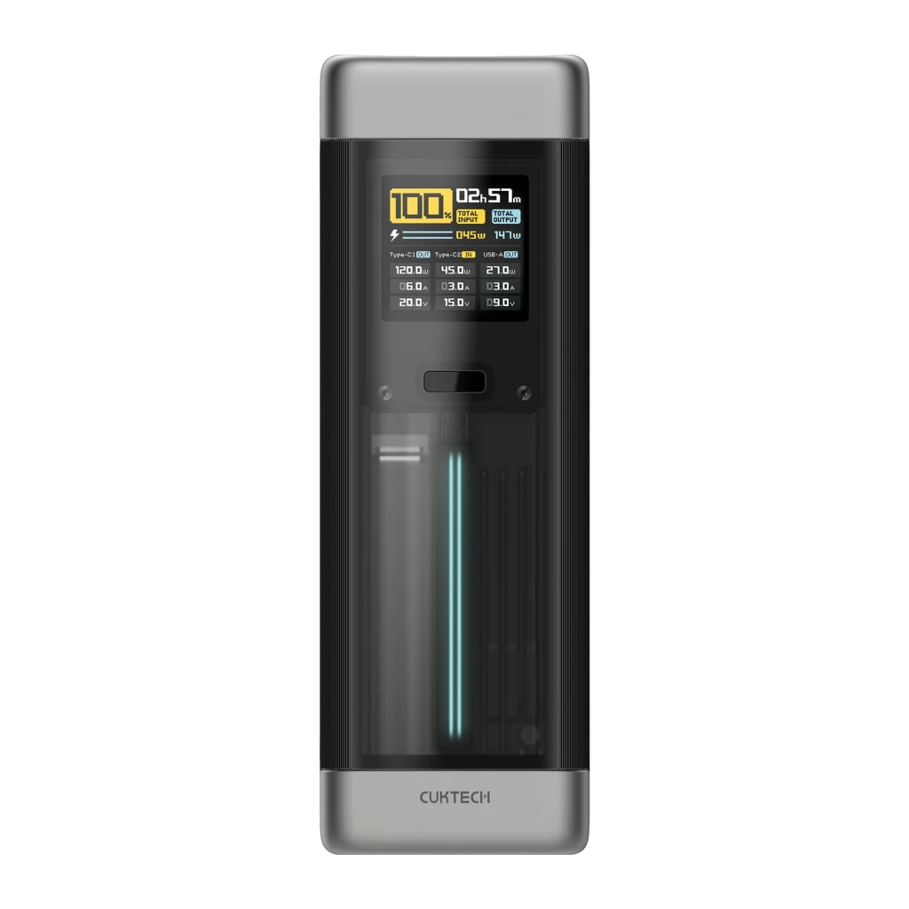 Power Bank Cuktech 25000mAh Noir 210W 2x USB-C 1x USB-A PD 3.1 CUK00P23GLBK, face avant: écran LCD affichant 100%