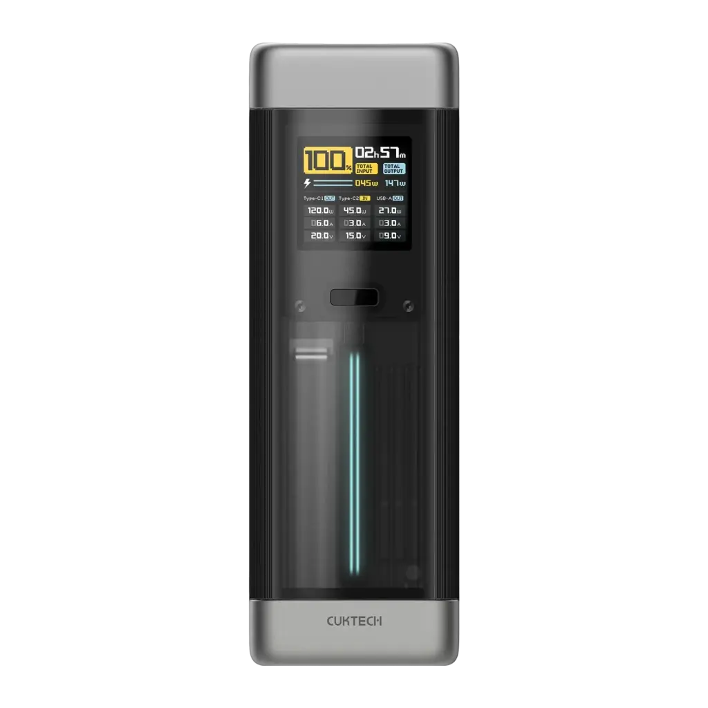 Power Bank Cuktech 25000mAh Noir 210W 2x USB-C 1x USB-A PD 3.1 CUK00P23GLBK - écran LCD affichant 100%
