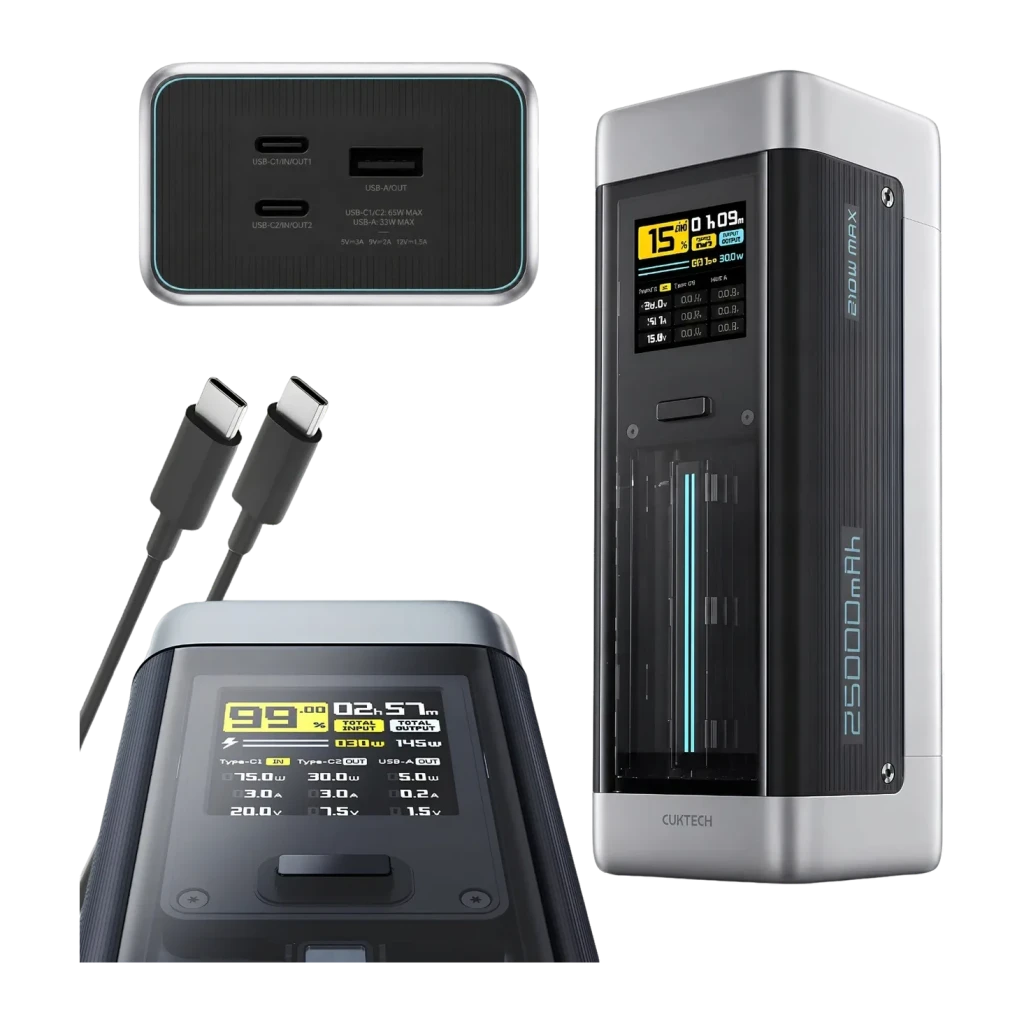 Power Bank Cuktech 25000mAh Noir 210W 2x USB-C 1x USB-A PD 3.1 CUK00P23GLBK, composition: écran LCD, ports USB-C et USB-A