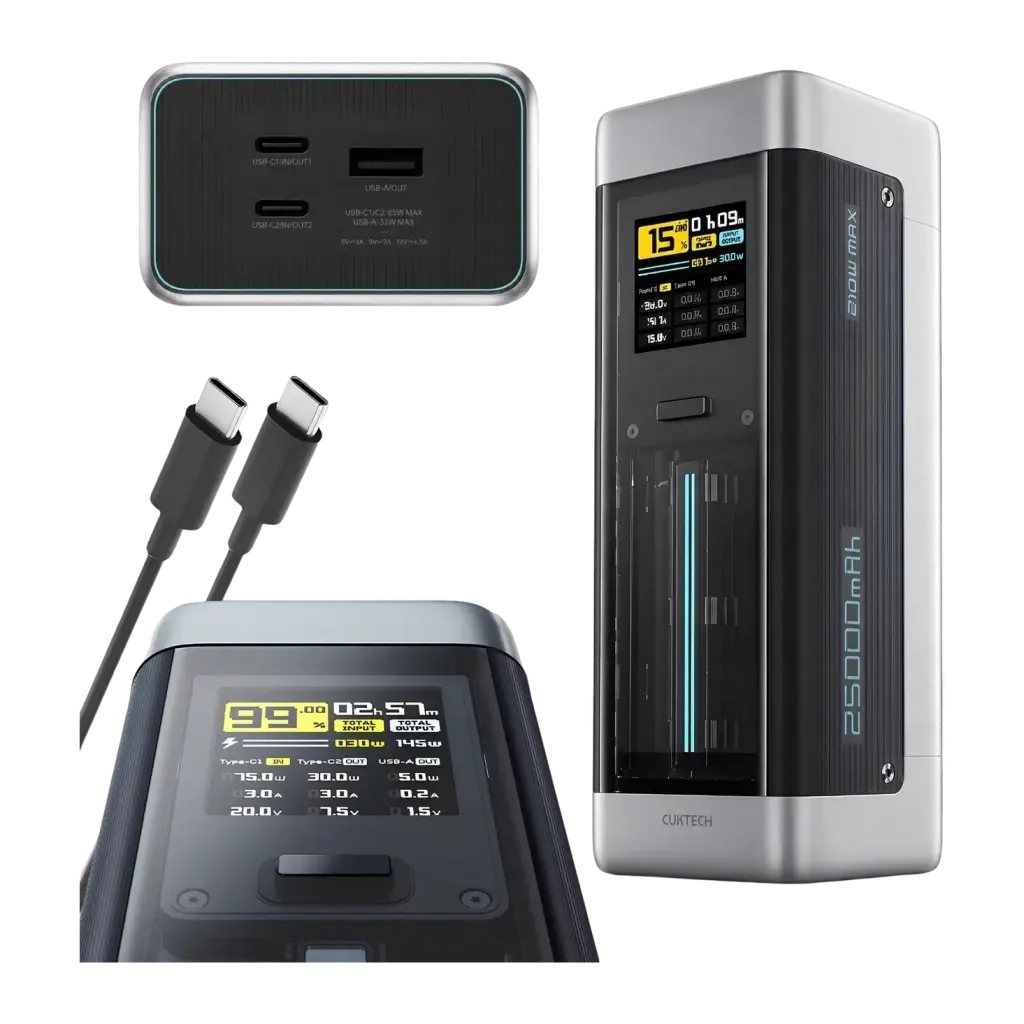 Power Bank Cuktech 25000mAh Noir 210W 2x USB-C 1x USB-A PD 3.1 CUK00P23GLBK - écran LCD, ports USB-C et USB-A
