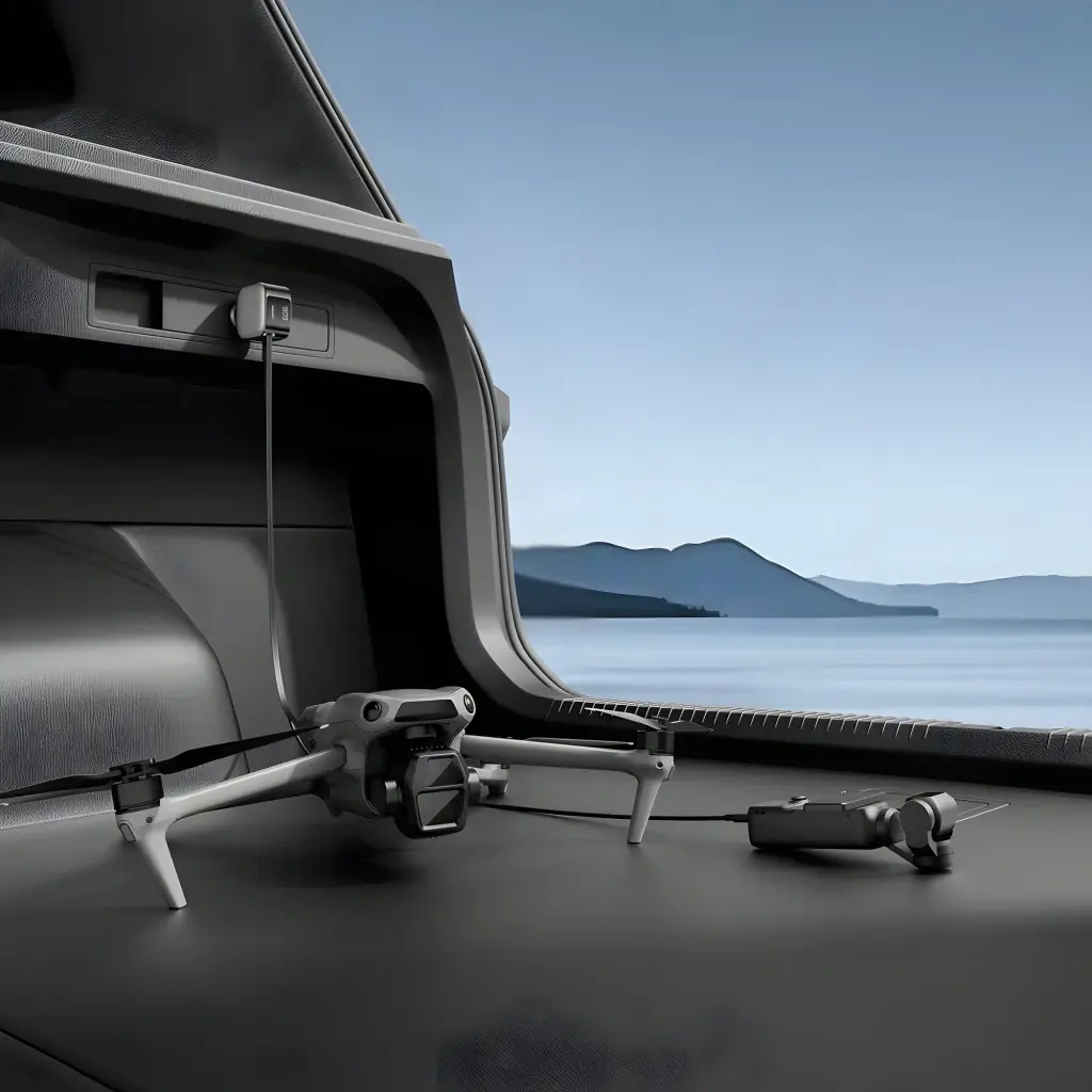 Chargeur voiture Cuktech Gris 100W 3 Ports CC903P - branché dans coffre chargeant drone et télécommande avec lac