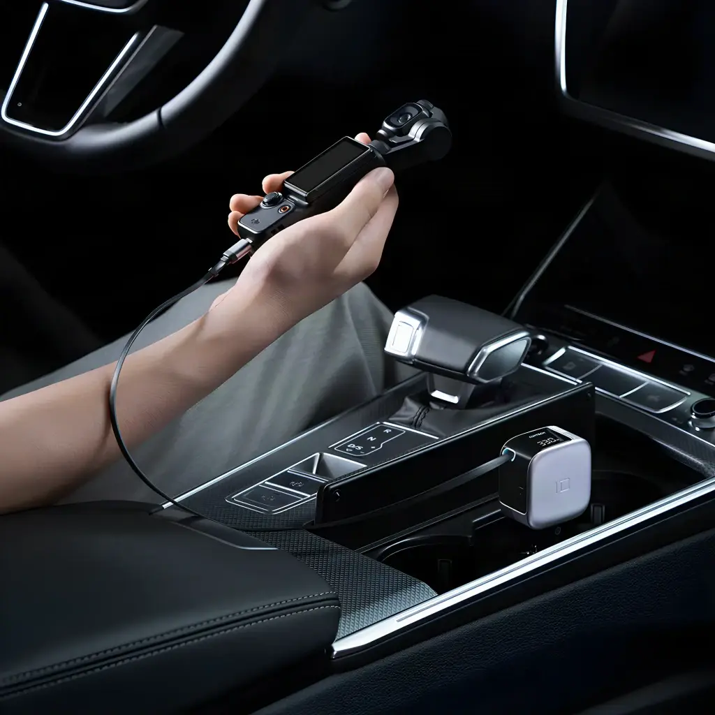 Chargeur voiture Cuktech Gris 100W 3 Ports CC903P - branché sur console centrale, main tenant un appareil