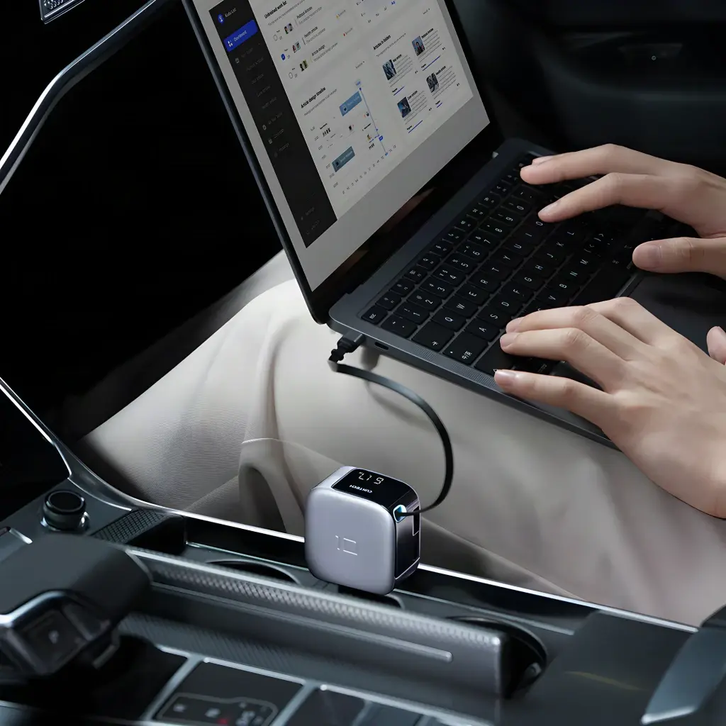 Chargeur voiture Cuktech Gris 100W 3 Ports CC903P - branché dans console de voiture chargeant un laptop