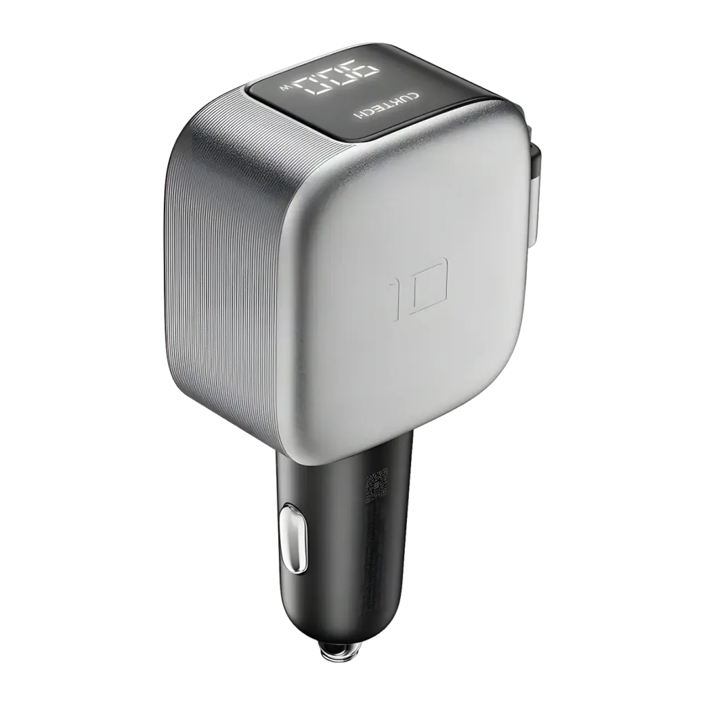 Chargeur voiture Cuktech Gris 100W 3 Ports CC903P - écran LED affichant les watts et corps strié argenté