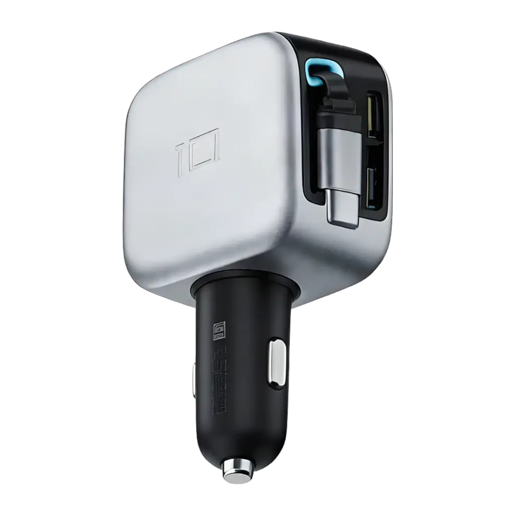 Chargeur voiture Cuktech Gris 100W 3 Ports CC903P - ports USB-C et USB-A visibles avec voyant bleu
