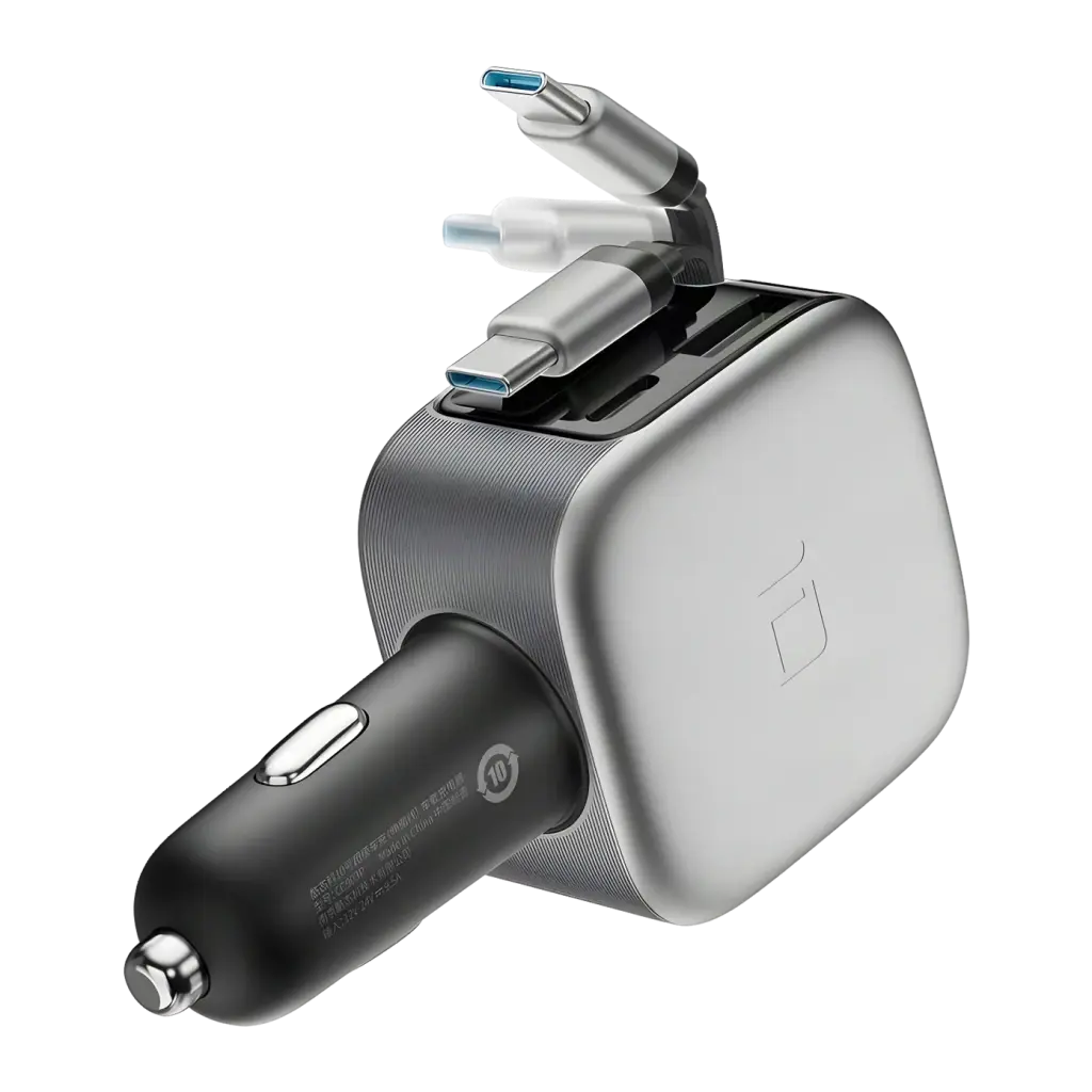 Chargeur voiture Cuktech Gris 100W 3 Ports CC903P - connecteurs USB-C et USB-A déployés sur corps argenté