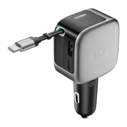 Chargeur voiture Cuktech Gris 100W 3 Ports CC903P, vue avant: câble USB-C rétractable déployé, ports USB-A et USB-C visibles