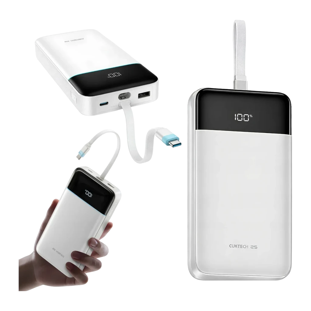 Power Bank Cuktech 25000mAh Blanc Câble USB-C Intégré 120W 3 Ports LPB252N, vues multiples: face avant avec écran LED à