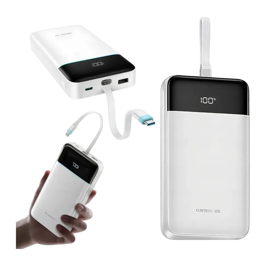 Power Bank Cuktech 25000mAh Blanc Câble USB-C Intégré 120W 3 Ports LPB252N - face avant avec écran LED à