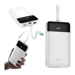 Power Bank Cuktech 25000mAh Blanc Câble USB-C Intégré 120W 3 Ports LPB252N - face avant avec écran LED à
