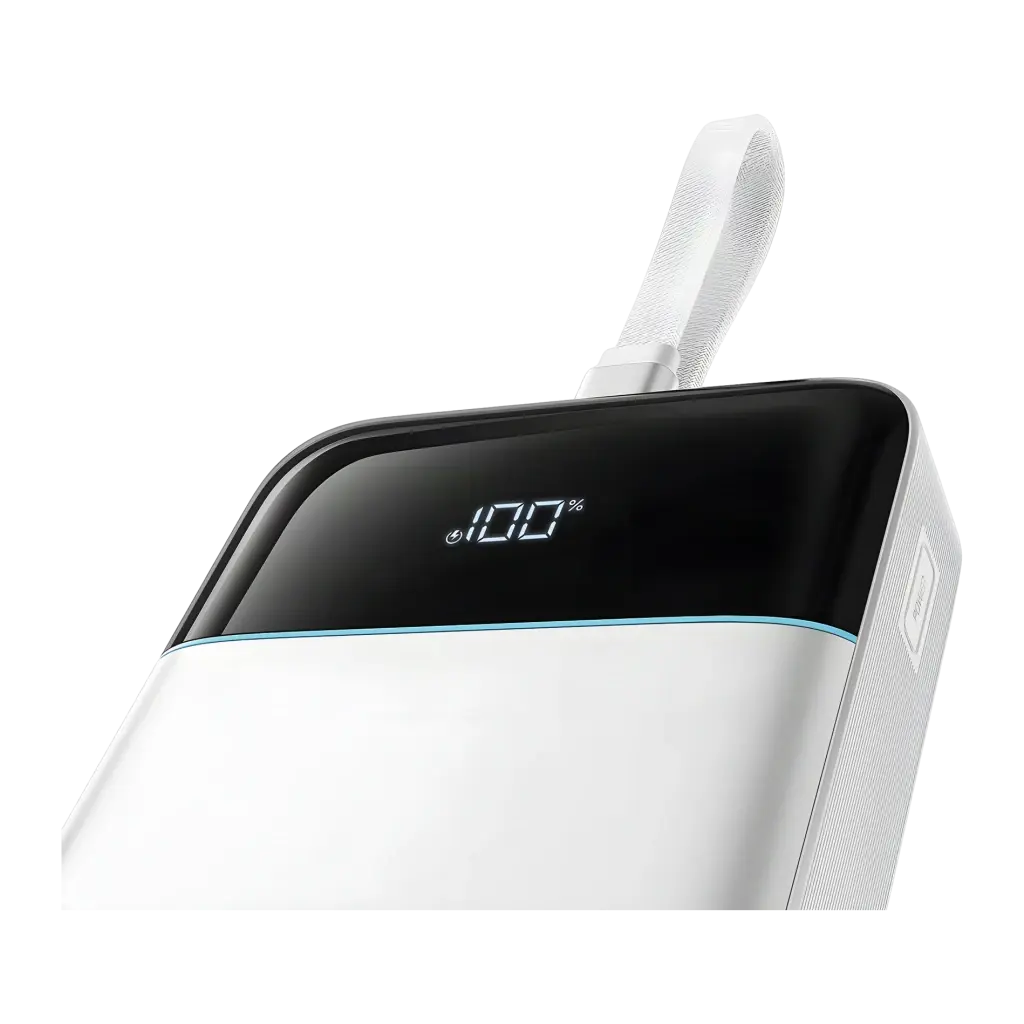 Power Bank Cuktech 25000mAh Blanc Câble USB-C Intégré 120W 3 Ports LPB252N - écran LED à 100% et câble déployé