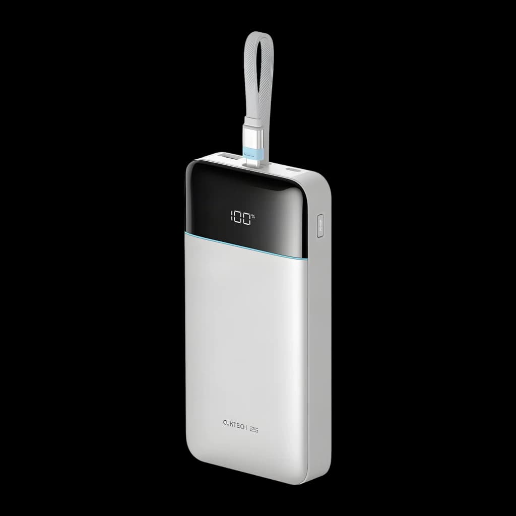 Power Bank Cuktech 25000mAh Blanc Câble USB-C Intégré 120W 3 Ports LPB252N, vue avant en angle: écran LED à 100%, câble