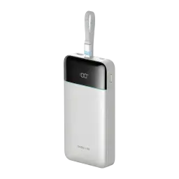 Power Bank Cuktech 25000mAh Blanc Câble USB-C Intégré 120W 3 Ports LPB252N, vue avant en angle: écran LED à 100%, câble