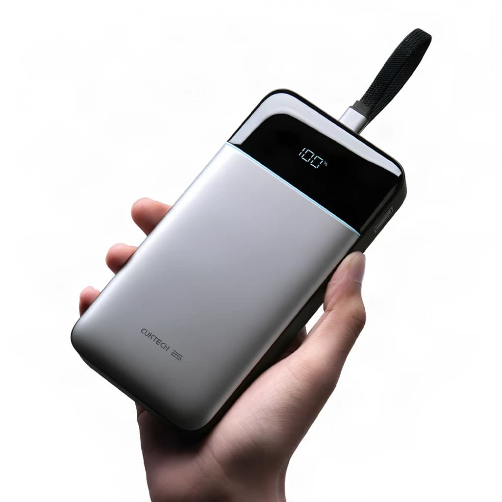 Batterie Externe Cuktech 25000mAh Gris Câble USB-C Intégré 120W 3 Ports LPB252N - écran LED à 100% et câble USB-C