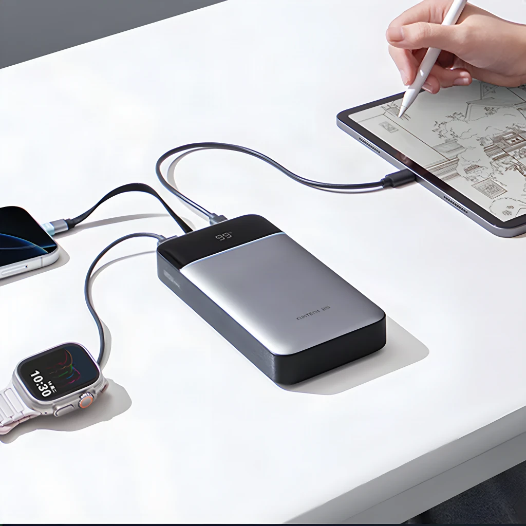 Batterie Externe Cuktech 25000mAh Gris Câble USB-C Intégré 120W 3 Ports LPB252N, utilisation : charge d'un smartphone, d'une tablette et d'une smartwatch