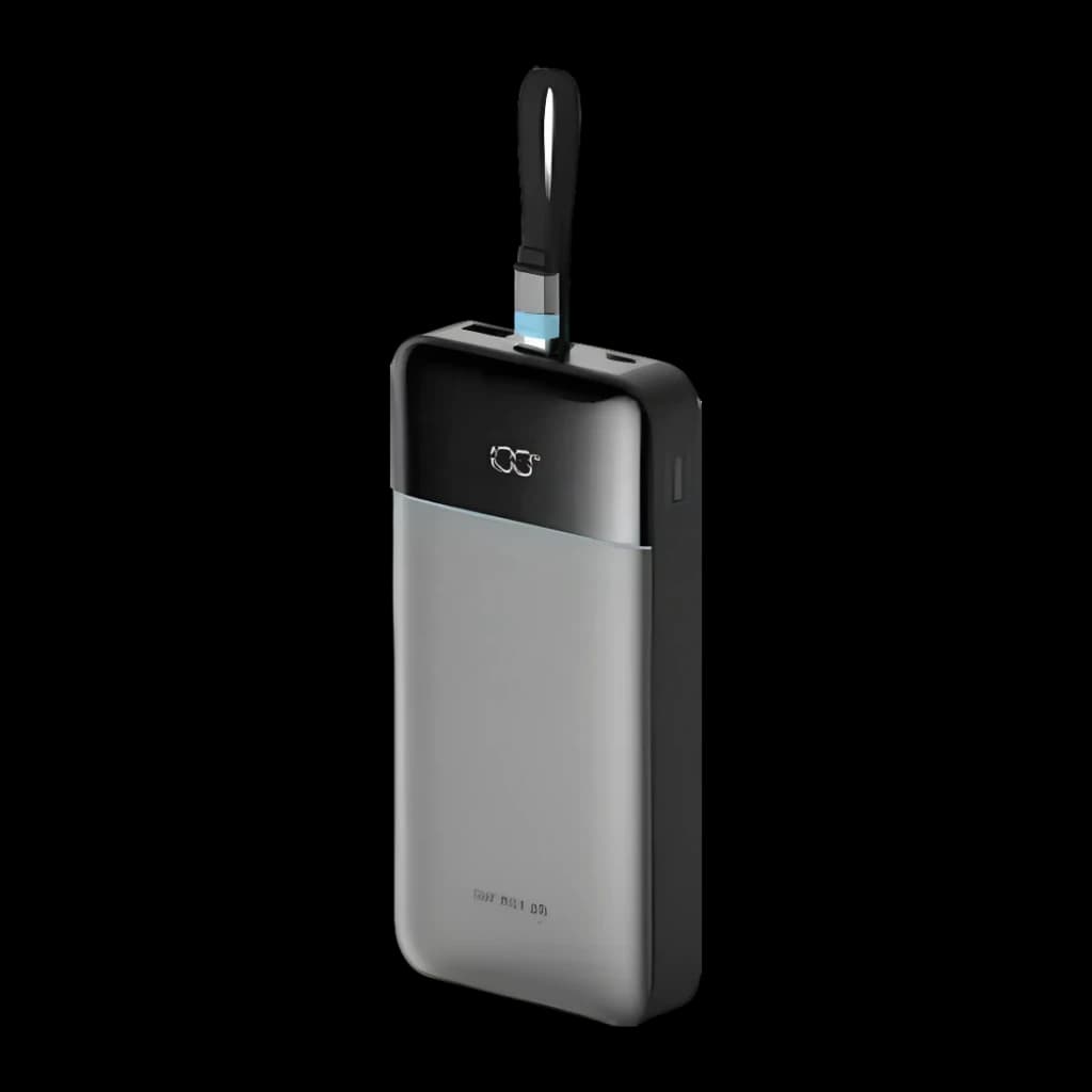 Power Bank Cuktech 25000mAh Gris Câble USB-C Intégré 120W 3 Ports LPB252N, vue avant en angle: câble USB-C déployé en haut
