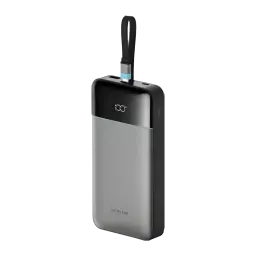 Power Bank Cuktech 25000mAh Gris Câble USB-C Intégré 120W 3 Ports LPB252N, vue avant en angle: câble USB-C déployé en haut